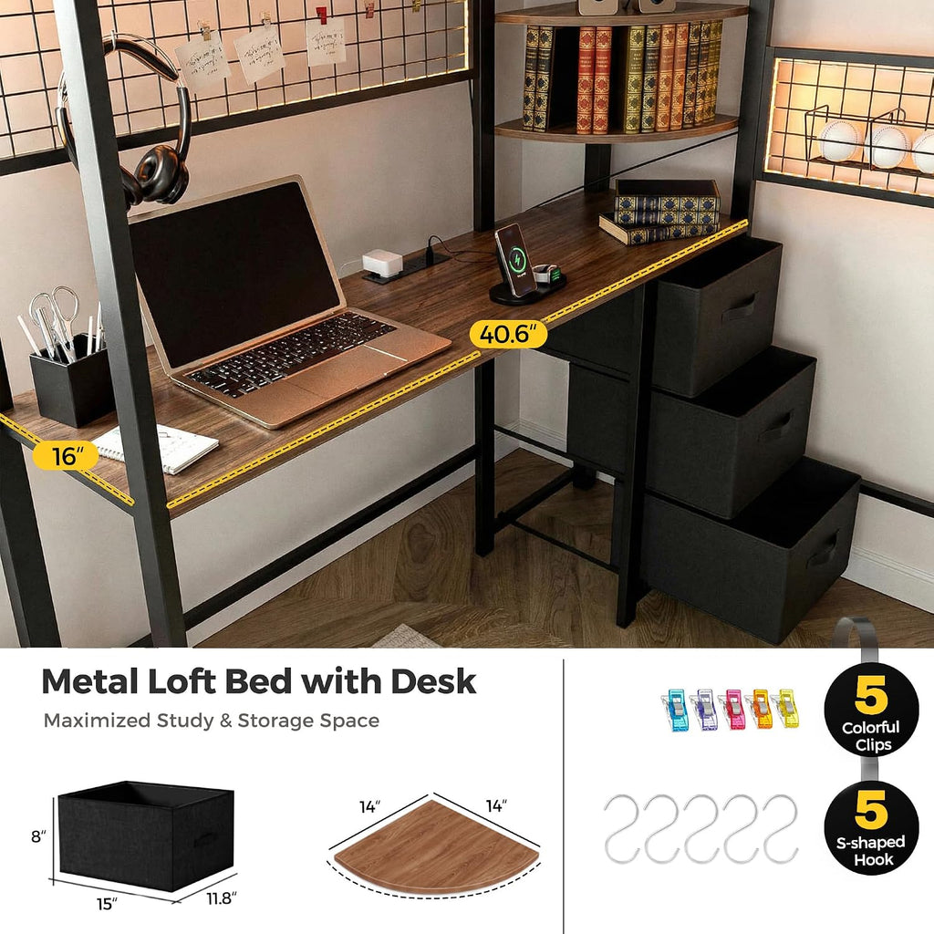 Kikihouse Twin Loft Bed with Desk, Storage Stairs & Wardrobe, Metal Loft Bed Frame w/Headboard, Bedside Shelf, Charging Station & 6 Drawers, LED Gaming Bed for Adult Space-Saving, Black & Walnut