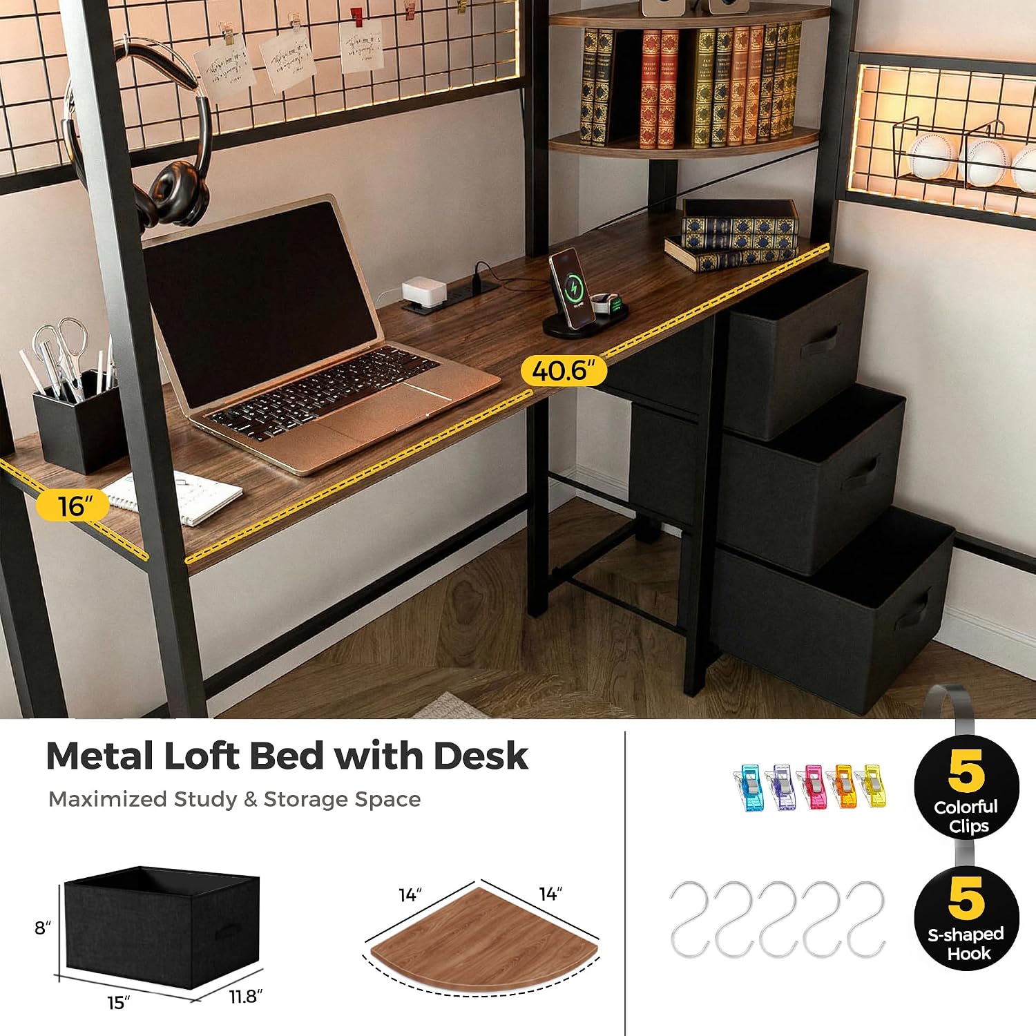 Kikihouse Twin Loft Bed with Desk, Storage Stairs & Wardrobe, Metal Loft Bed Frame w/Headboard, Bedside Shelf, Charging Station & 6 Drawers, LED Gaming Bed for Adult Space-Saving, Black & Walnut