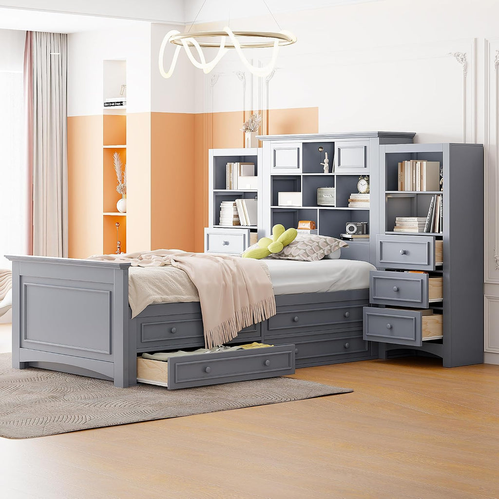DNYN Twin Size Platform Bed with Storage Drawers(4+6) & Cabinet Headboard for Kids Bedroom,Solid Wood Bedframe w/Wood Slat Support,Super Save Space & No Box Spring Needed, Gray