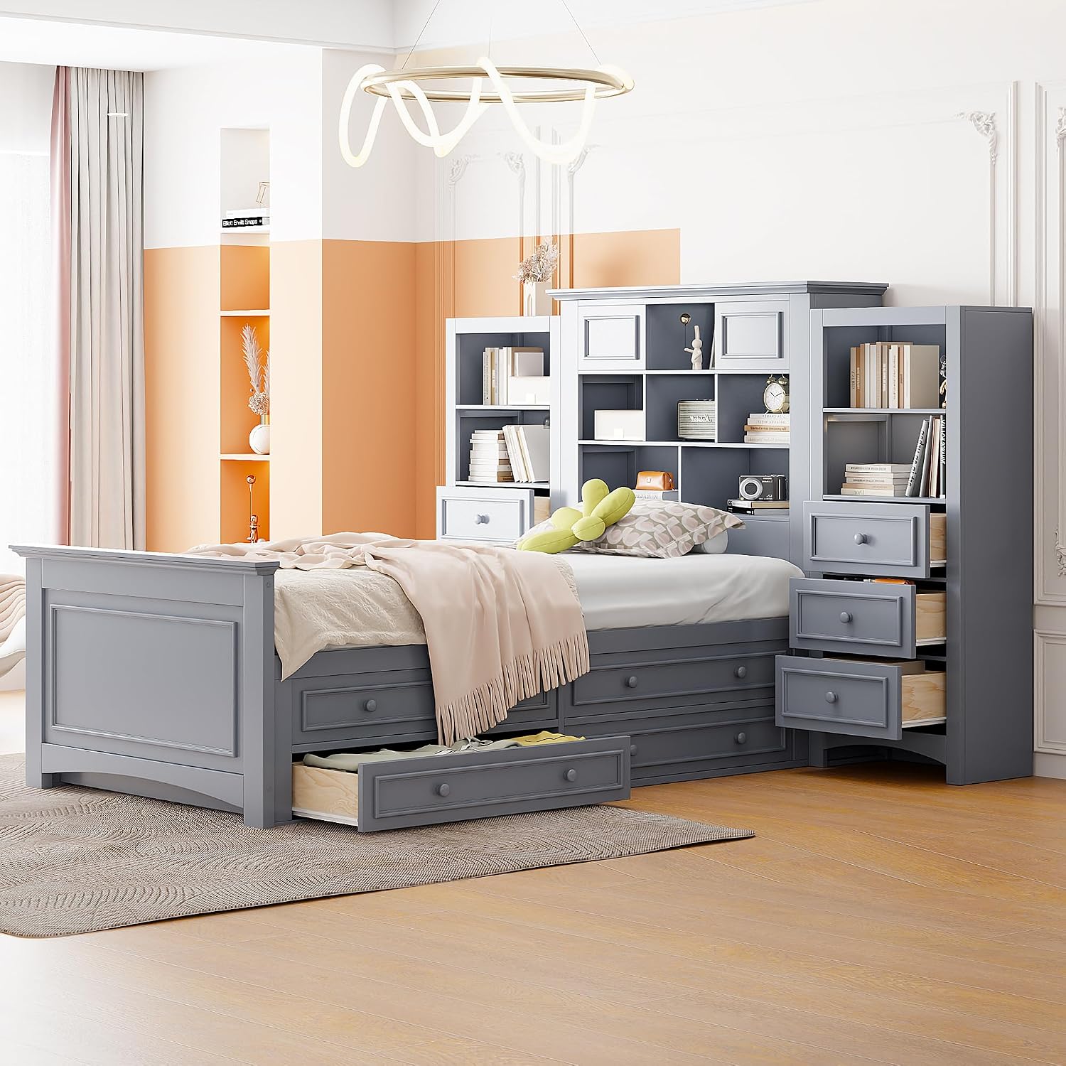 DNYN Twin Size Platform Bed with Storage Drawers(4+6) & Cabinet Headboard for Kids Bedroom,Solid Wood Bedframe w/Wood Slat Support,Super Save Space & No Box Spring Needed, Gray