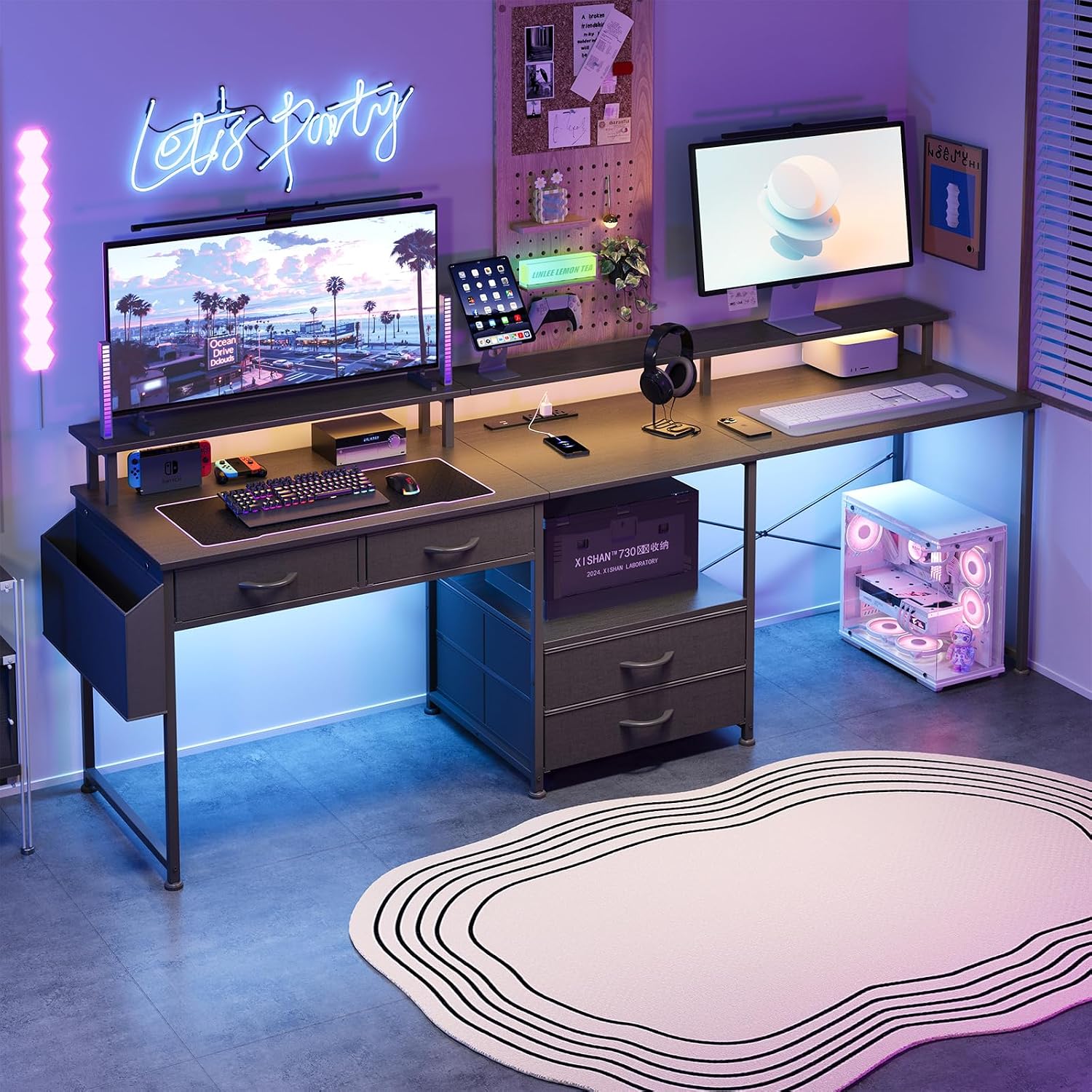 L Shaped Desk with 4 Fabric Drawers, 78.7' Home Office Desk with Printer Storage Shelf & Power Outlet, Two Person Desk with Monitor Shelf, Corner Computer Desk, Gaming Desk with Led Lights, Black