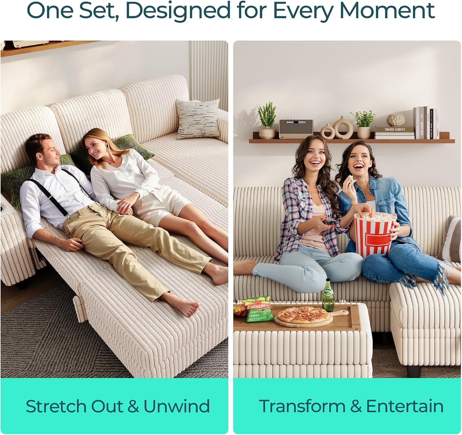 LINSY HOME Sectional Sleeper Sofa with Pull Out Couch Bed for Living Room (Beige) | Plush Corduroy, Storage Ottoman, Storage Chaise, Pull Out Couch, USB Charging