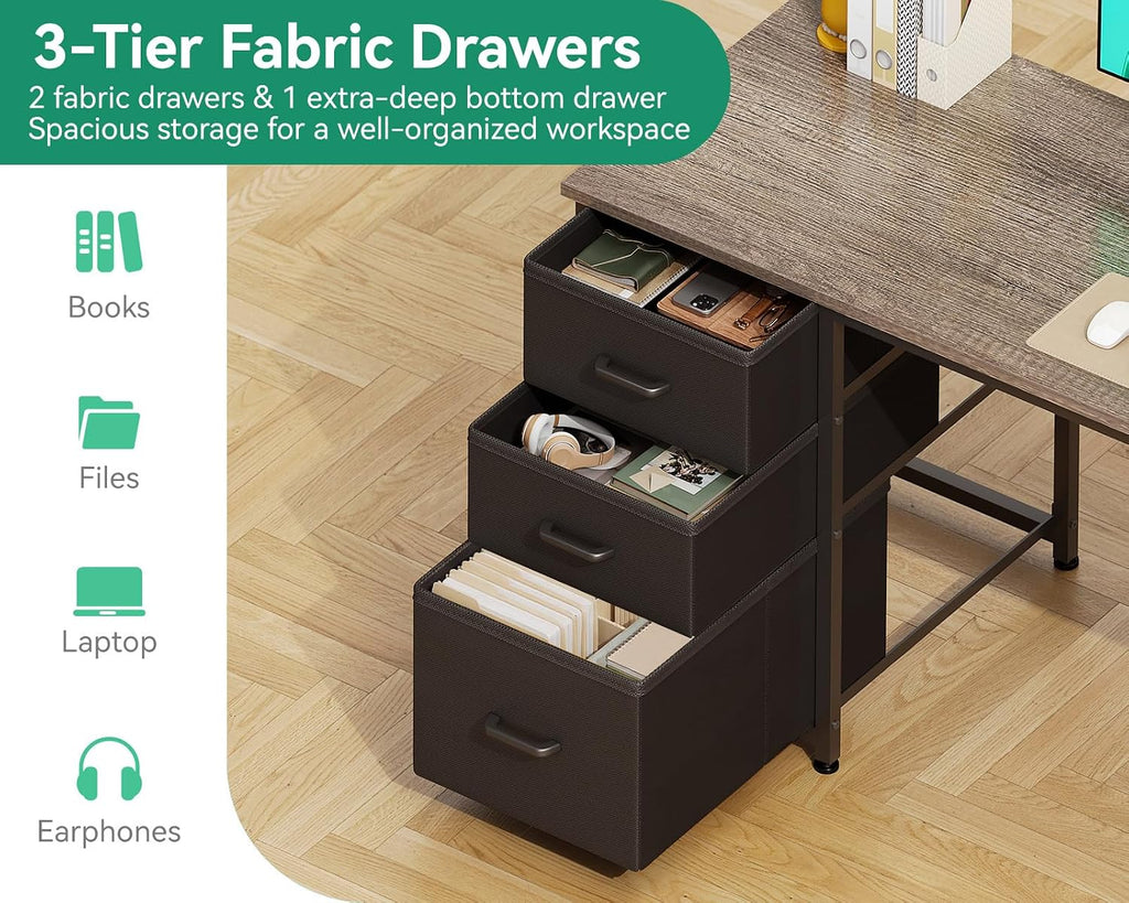 AODK 51 Inch Computer Desk with Fabric Drawers & USB Power Outlets - Reversible Home Office Desk with Storage Shelves, Work from Home, Modern Work/Writing/Study Table for Bedroom, Grey Oak