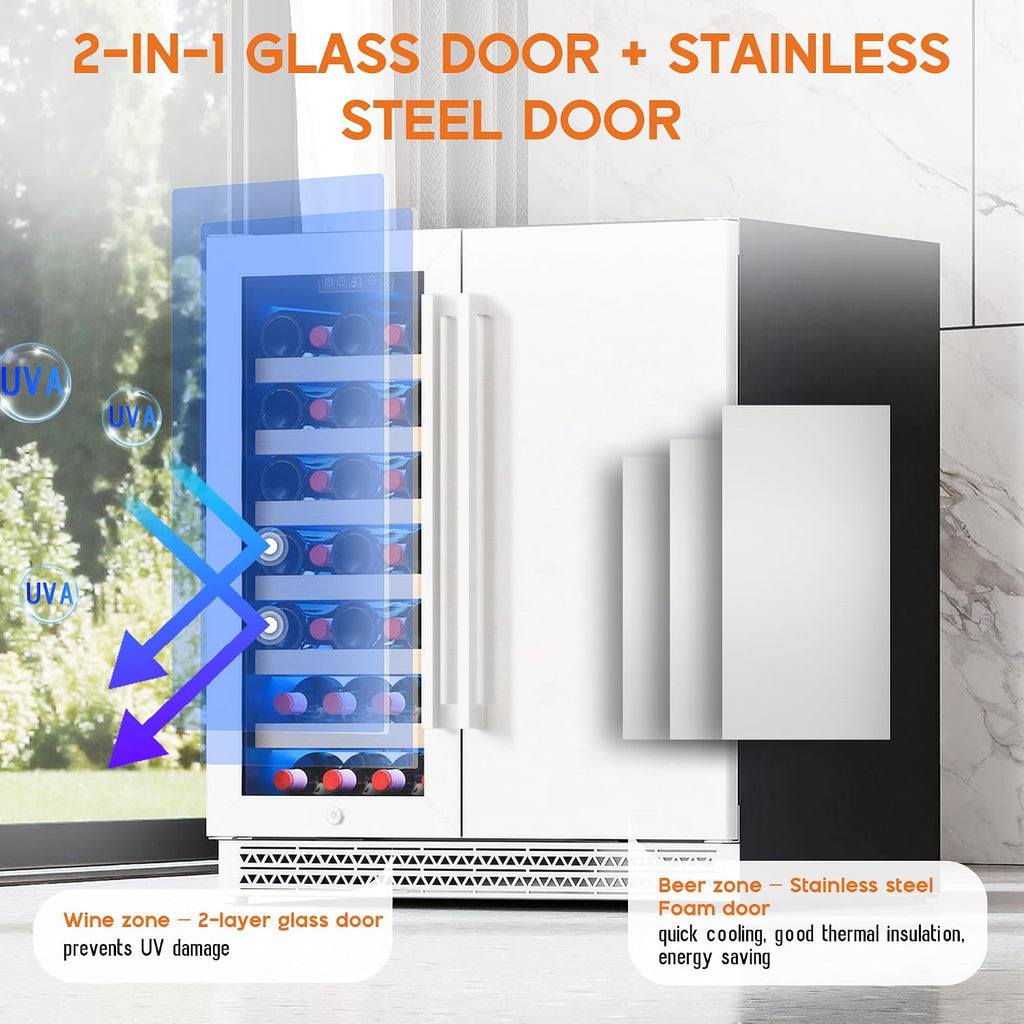 Albott 30 Inch Wine and Beverage Refrigerator, 37–64℉ Dual Zone Wine Cooler with Digital Temperature Control, Built-in or Freestanding for Home or Bar, Holds 33 Bottles 100 Cans Beer, Soda, Champagne