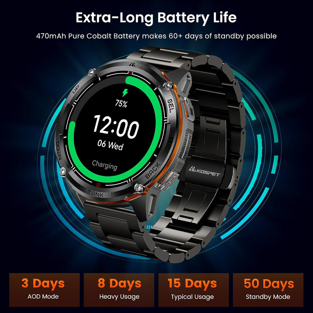 KOSPET Tank T3 Ultra 2 GPS Smart Watch for Men, Extra-Long Battery, Full Stainless Steel Body Rugged Smartwatch with Bluetooth Calling, Pressure&Altitude&Compass, 1.43' AMOLED Display(2 Bands)