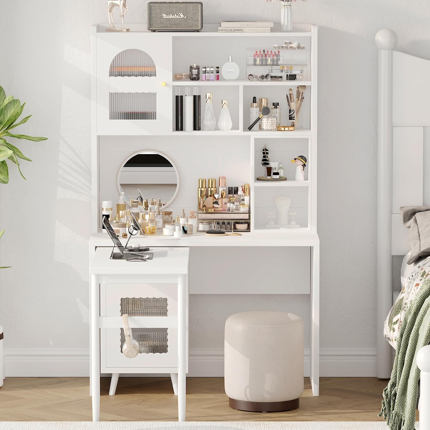 Bellemave Computer Desk with 90 Degree Rotating Desktop, 43x70 Inch Home Office Desk with Drawer and Storage Cabinets, Gaming Desk with Shelves, Writing Desk for Study (White)