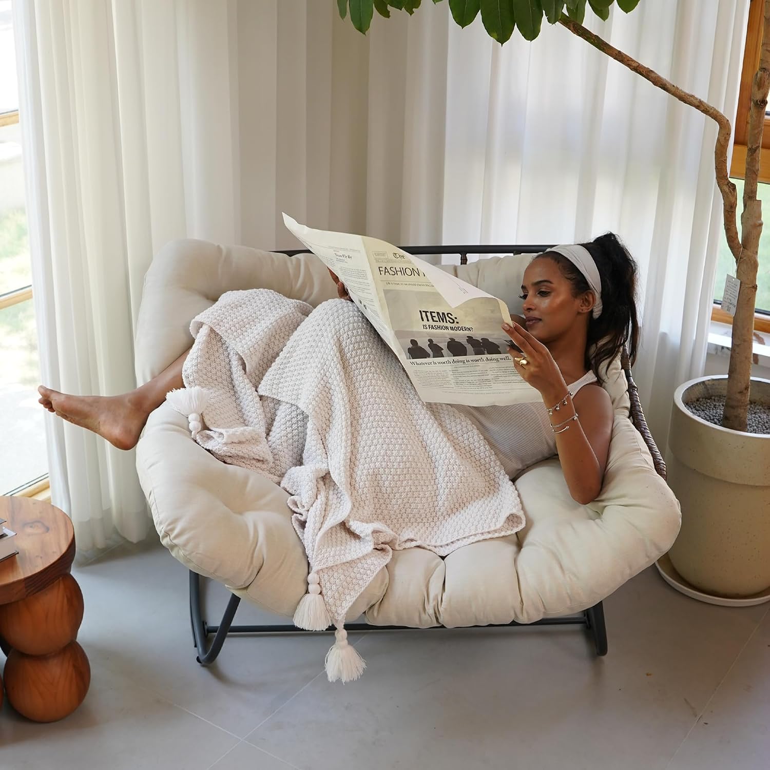 Rocking Papasan Chair, Oversized Outdoor Rocking Chair Rattan Rocking Chair with Deep Seat Thick Cushion, Patio Rocking Chair for Indoor/Porch/Garden (Beige & Black), Spring, 2026