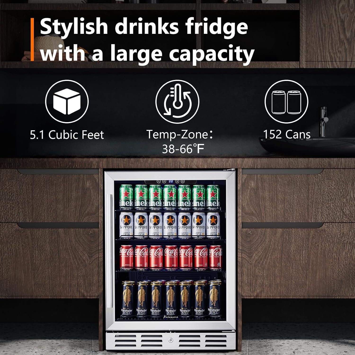 24 Inch Under Counter Beverage Fridge -Max 164Cans Capacity Drink cooler,Wide 24''Perfectly for Built in Space, Adjustable shelves for any size beverage/beer/soda Transparent door Refrigerator