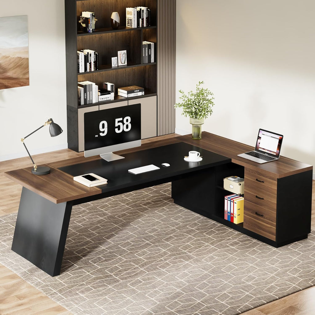 Tribesigns L-Shaped Executive Desk, 78-Inch Modern Office Desk with Drawers and Lateral File Cabinet, Large Bussiness Furniture with Storage Shelves, Workstation for Home Office (Brwon + Black)