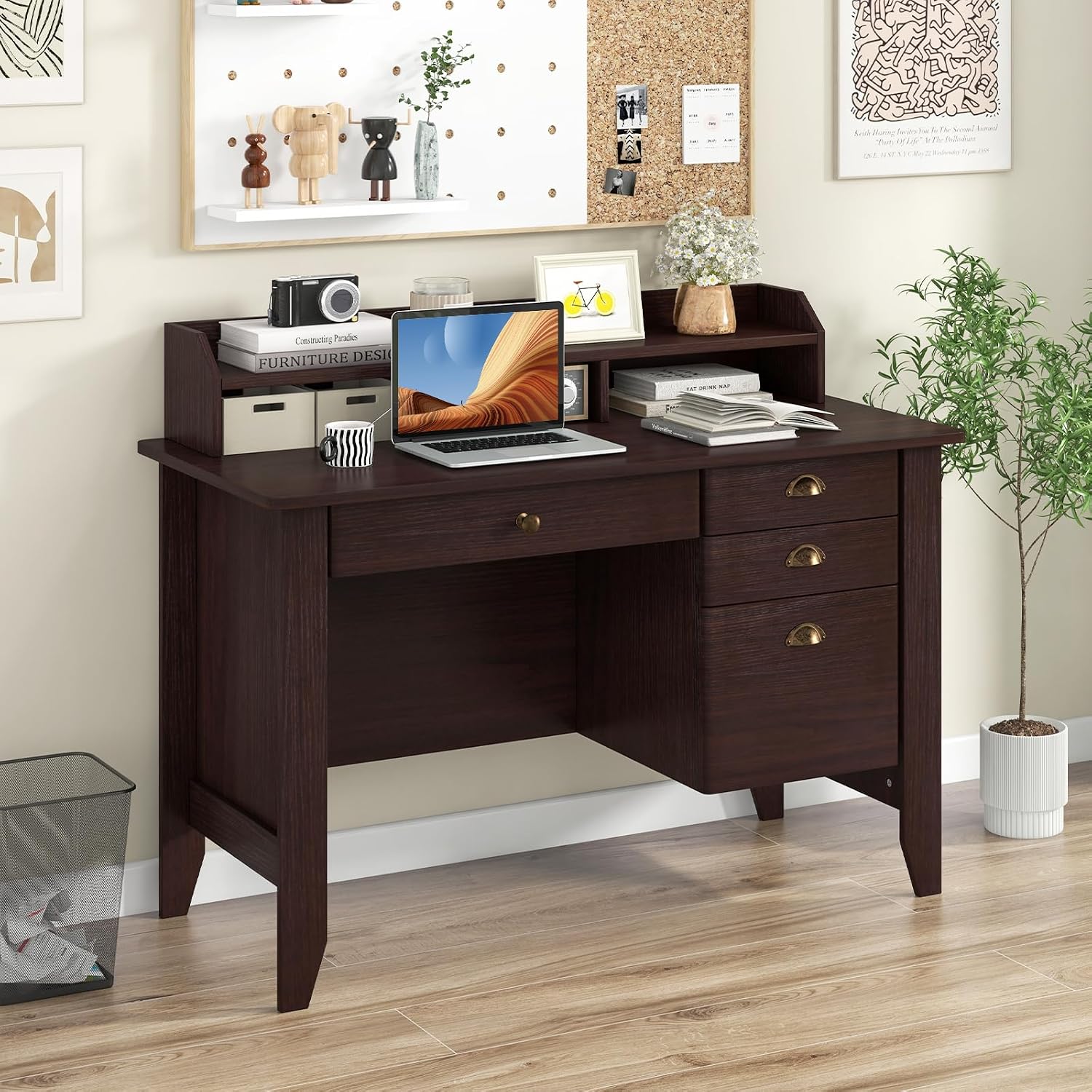 Tangkula Computer Desk with 4 Storage Drawers & Hutch, Home Office Desk Vintage Desk with Storage Shelves, Wooden Executive Desk Writing Study Desk (Brown)