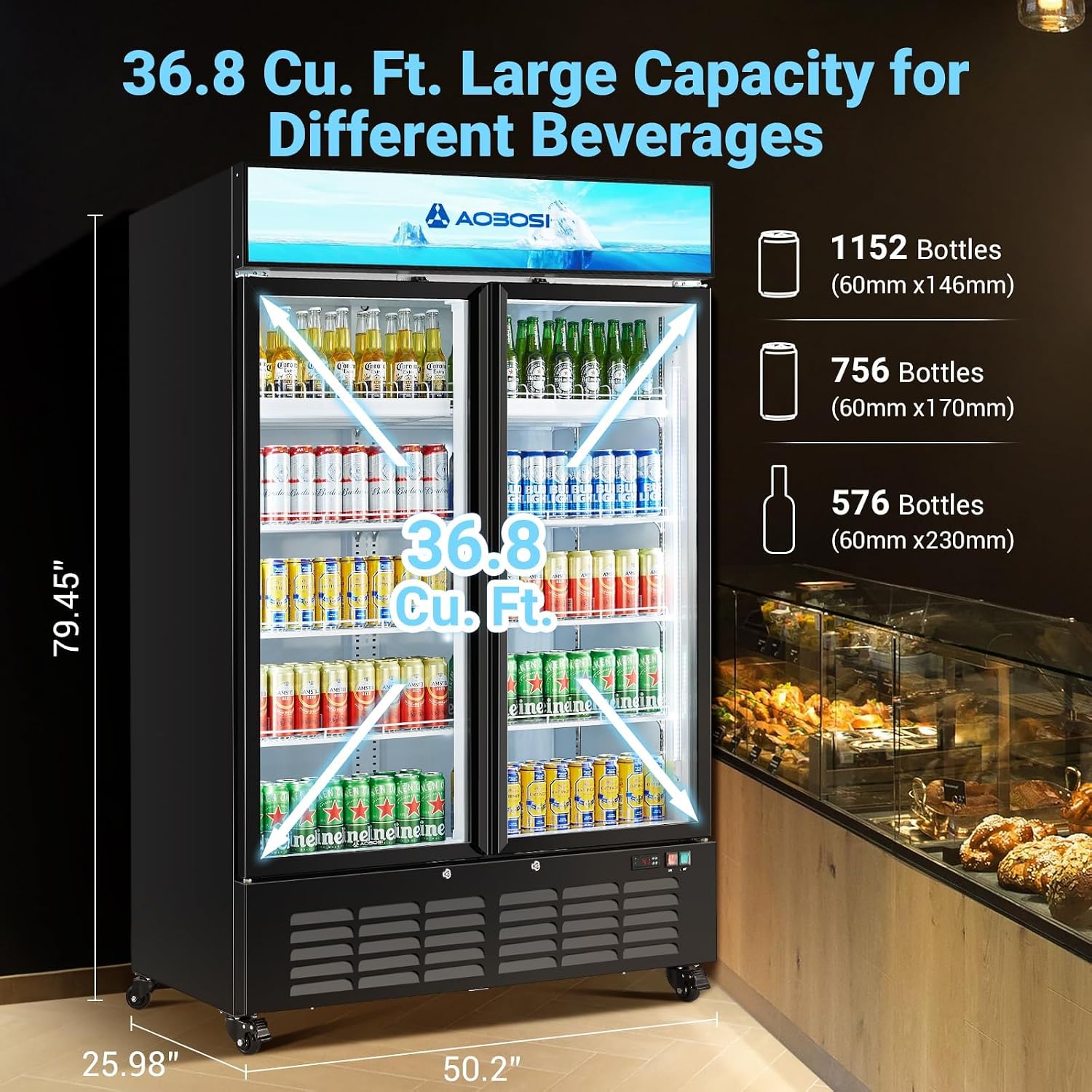 AAOBOSI 50' Wide Commercial Merchandiser Refrigerator,36.8 Cu.Ft Glass Door Display Refrigerator,Upright Beverage Fridge with Soft LED Light,Customizable Lightbox,Universal Casters, Adjustable Shelves