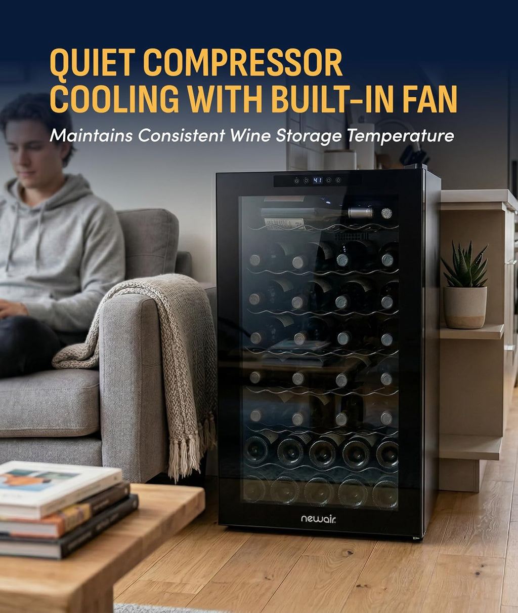 NewAir 20' Wine Fridge for 51 Bottles | Built-In or Freestanding Wine Cooler Refrigerator with Glass Door | Mirrored Double-Pane Design, Compressor Cooling & Adjustable Shelves | Black