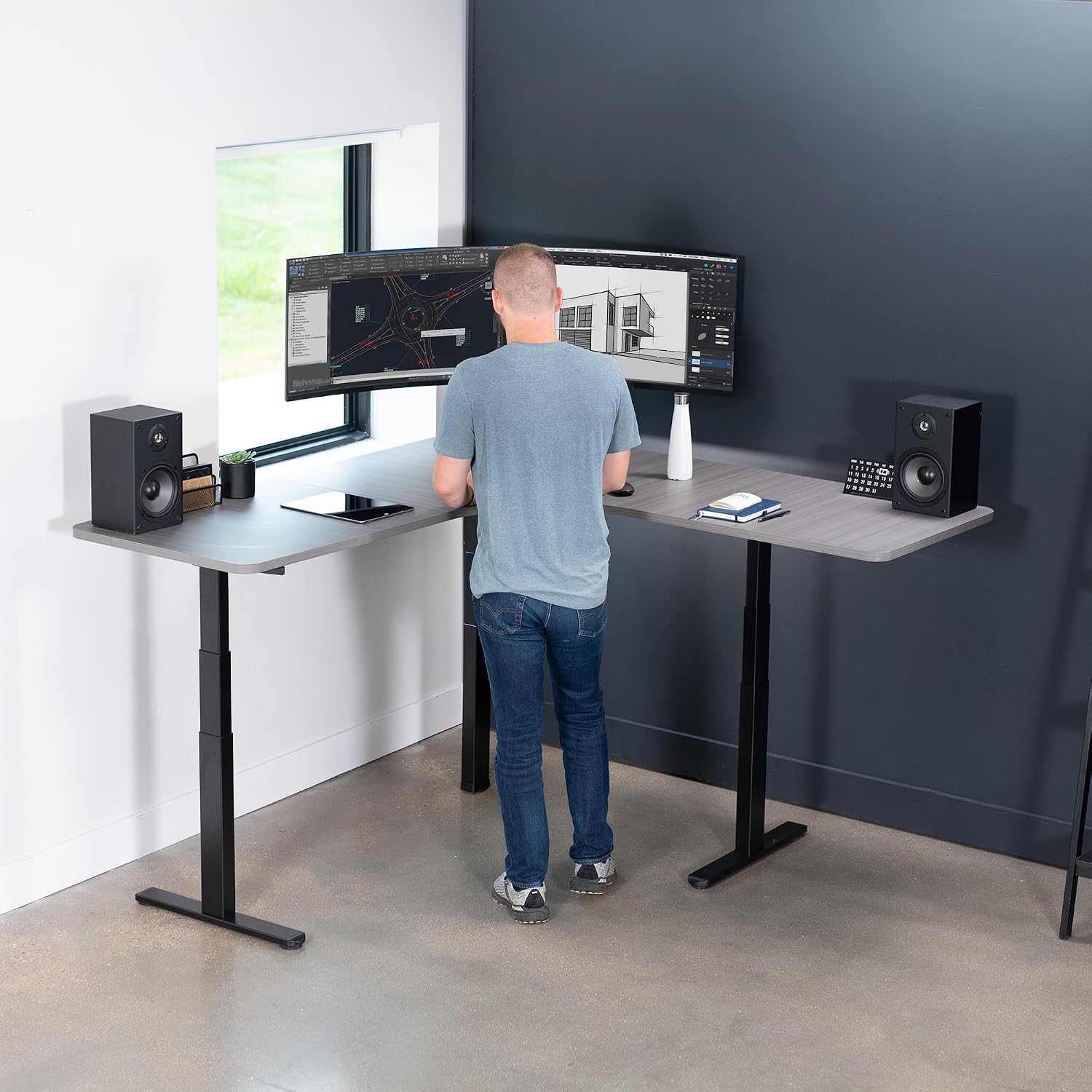 VIVO Universal 71 x 71 inch Curved Corner Table Top for L-Shape Sit to Stand Height Adjustable Home and Office 3-Leg Desk Frames, Dark Gray Desktop, DESK-TOP2CG