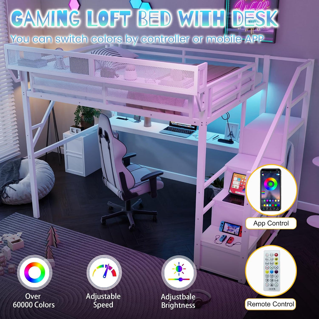 Queen Loft Bed with Desk and Stairs, Metal Lofts Bed Queen Size with Upper Storage Shelf, Gaming LoftBed with LED, Charging Station and Wardrobe for Teens, Adults,White