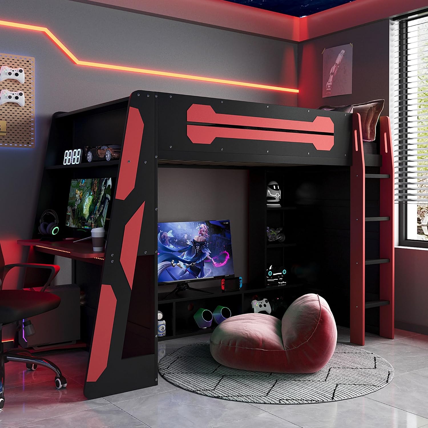 LUMISOL Twin Size Gaming Loft Bed with Desk, RGB LED Lights & Charging Stations, Wood Loft Bed Frame with Storage Bookshelves for Kids, Teens & Adults, Red + Black