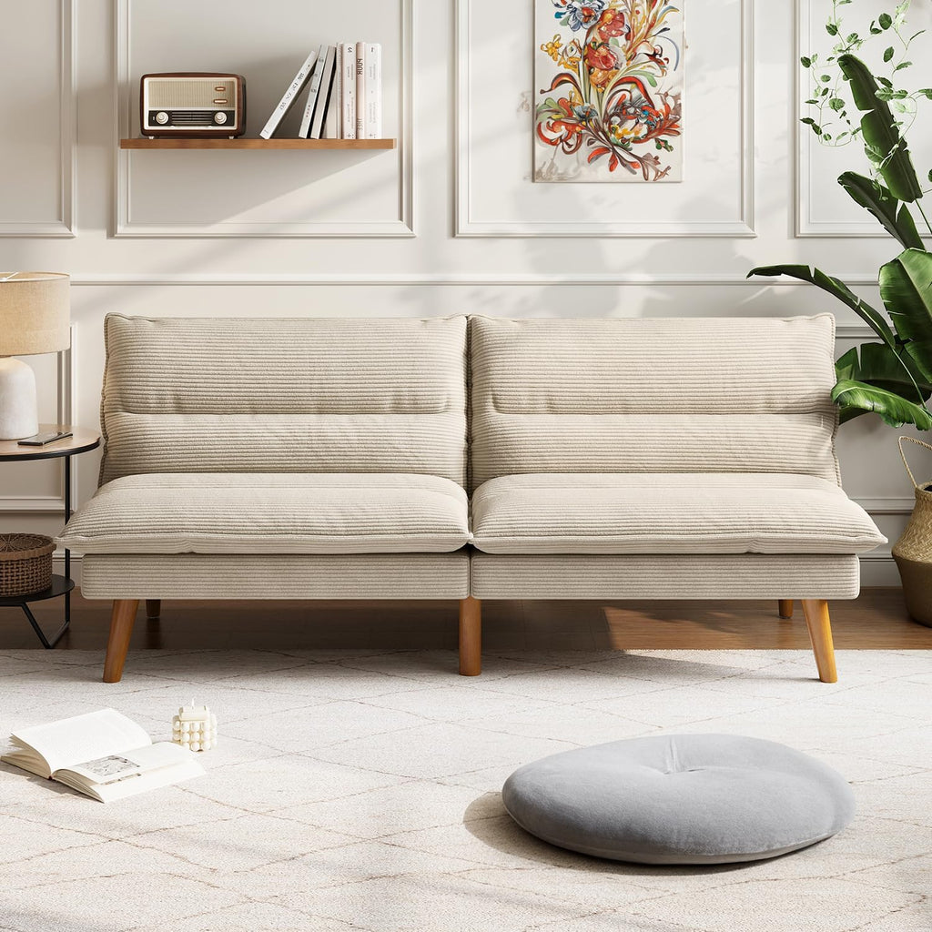 LINSY HOME Futon Sofa Bed - Convertible Corduroy Futon Couch Bed with Adjustable Backrest, Modern Small Loveseat Sleeper Sofa for Small Spaces, Living Room, Apartment or Office (Beige)