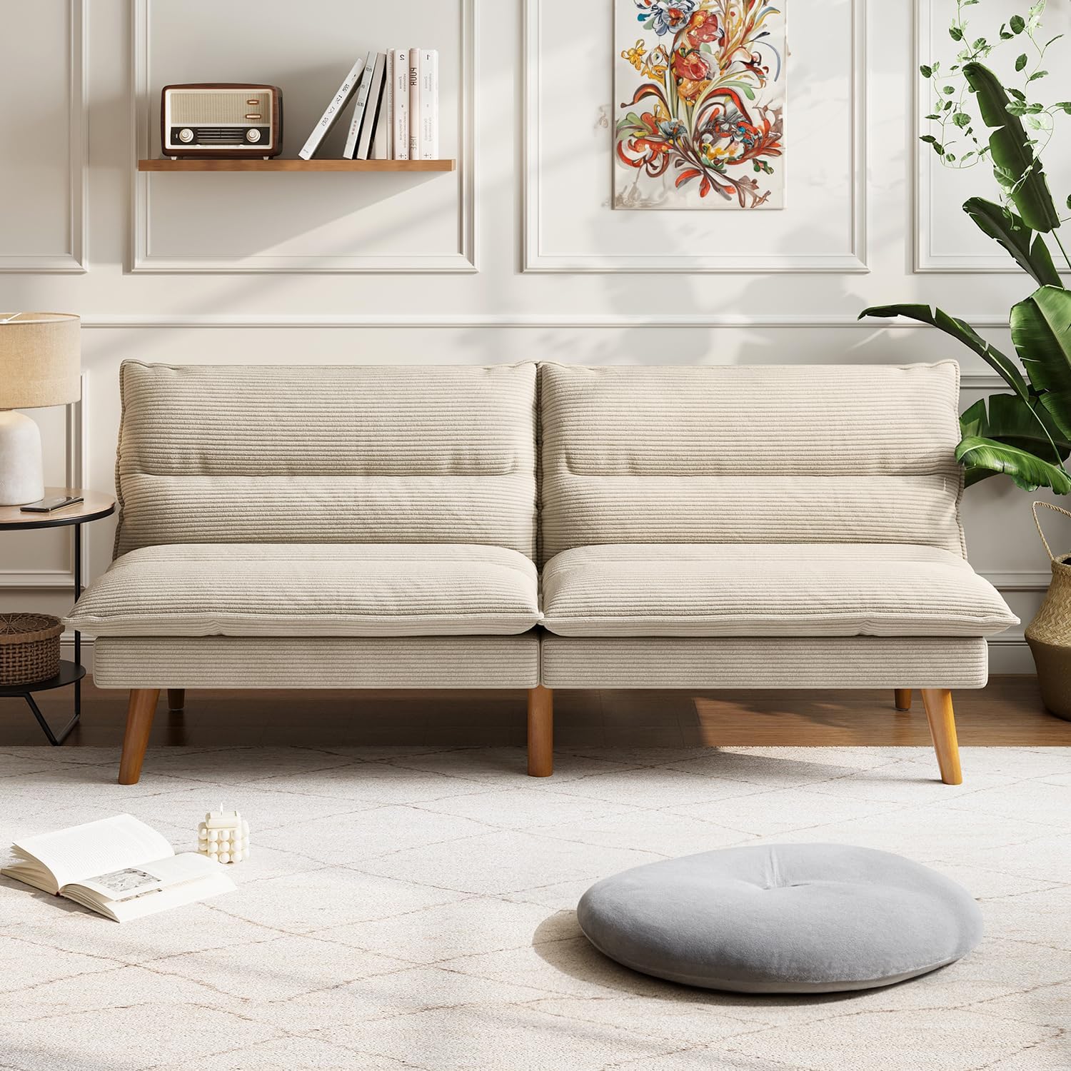 LINSY HOME Futon Sofa Bed - Convertible Corduroy Futon Couch Bed with Adjustable Backrest, Modern Small Loveseat Sleeper Sofa for Small Spaces, Living Room, Apartment or Office (Beige)