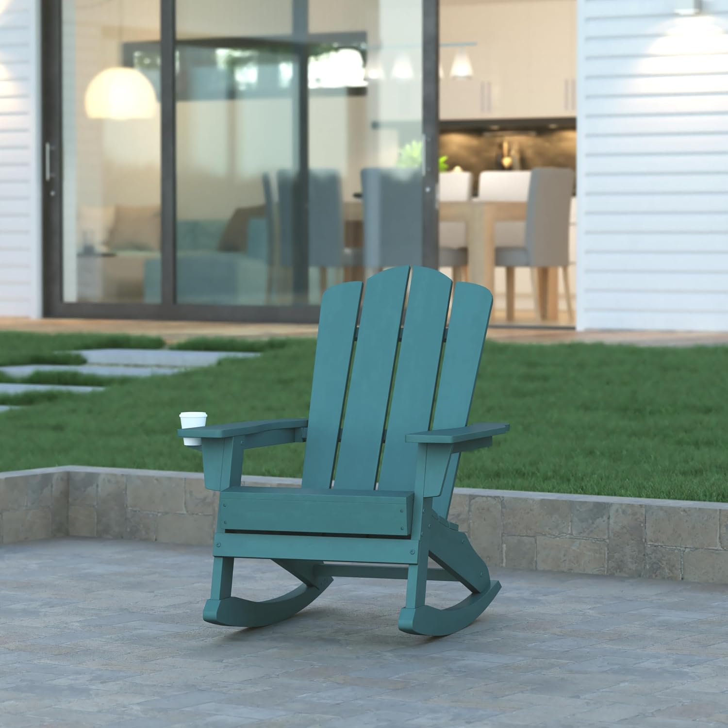 EMMA + OLIVER Tiverton Adirondack Rocking Chair with Cup Holder, Weather Resistant Poly Resin Adirondack Rocking Chair, Blue