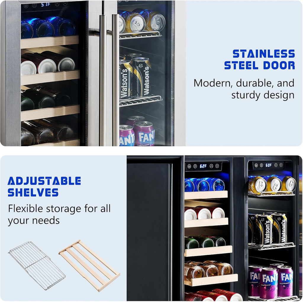 Jocisland Beverage Refrigerator, 24-Inch Dual Zone Fridge Cooler with Glass Door, Built-In or Freestanding for Wine and Beer, Holds 20 Bottles & 78 Cans, 34–64℉ & 41–68℉ for Kitchen, Bar, Office