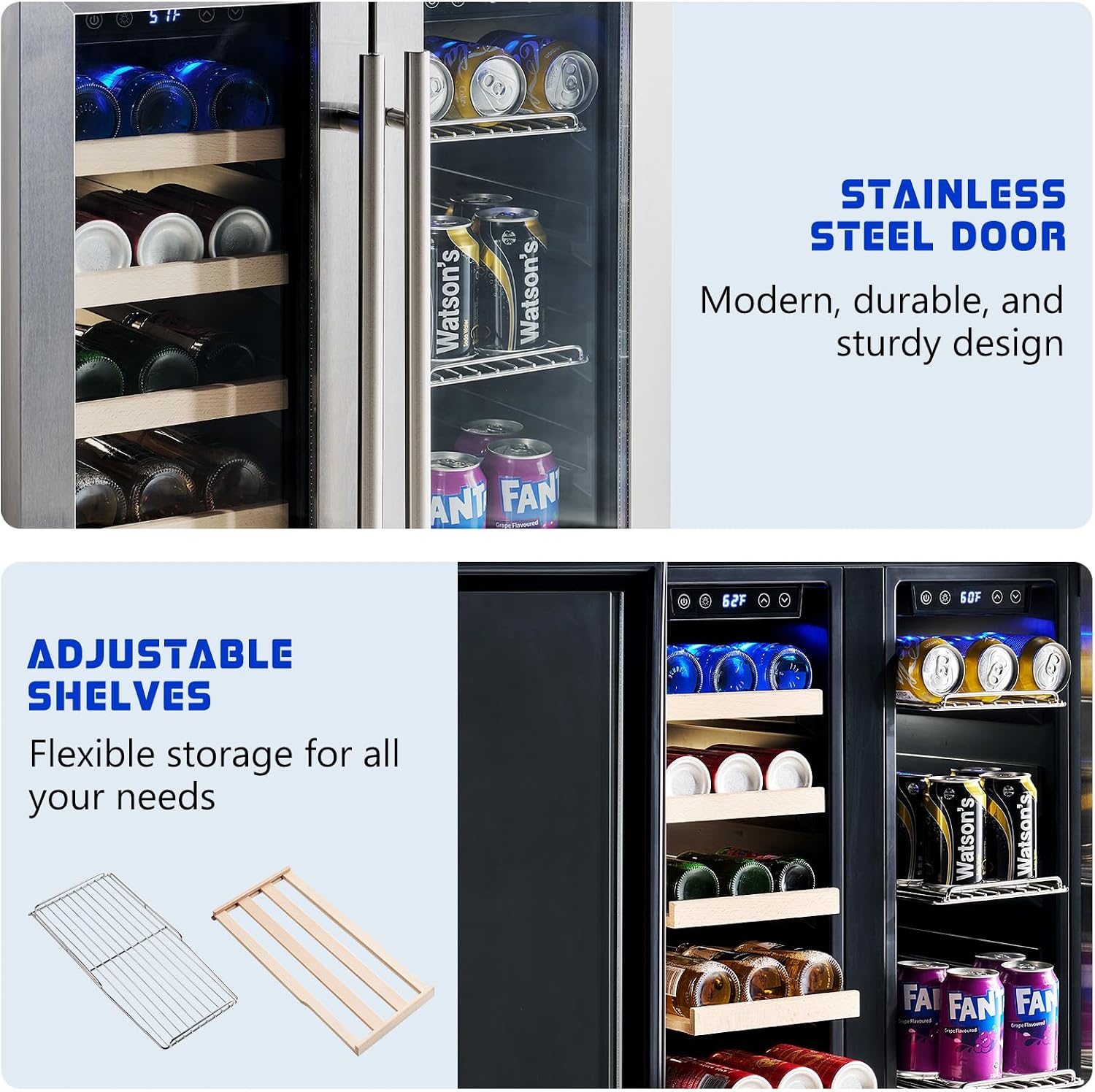 Jocisland Beverage Refrigerator, 24-Inch Dual Zone Fridge Cooler with Glass Door, Built-In or Freestanding for Wine and Beer, Holds 20 Bottles & 78 Cans, 34–64℉ & 41–68℉ for Kitchen, Bar, Office