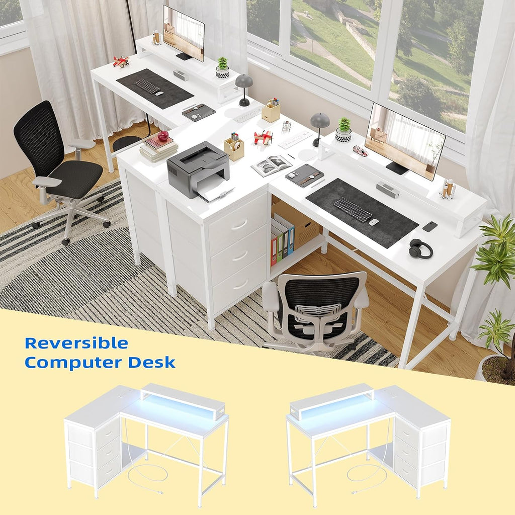 L Shaped Office Desk with Power Outlets, Computer Desk with Drawers, Shelves, for Gaming, Corner Work, Home Office, Study