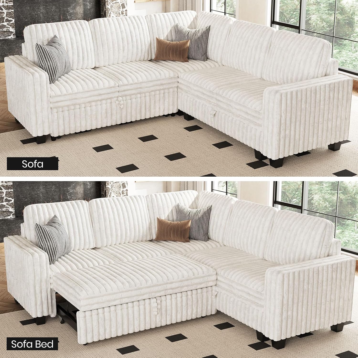 Belffin Plush Corduroy Modular Sectional Sofa with Pull Out Bed Convertible Small Sectional Corner Couch for Living Room Beige Couch