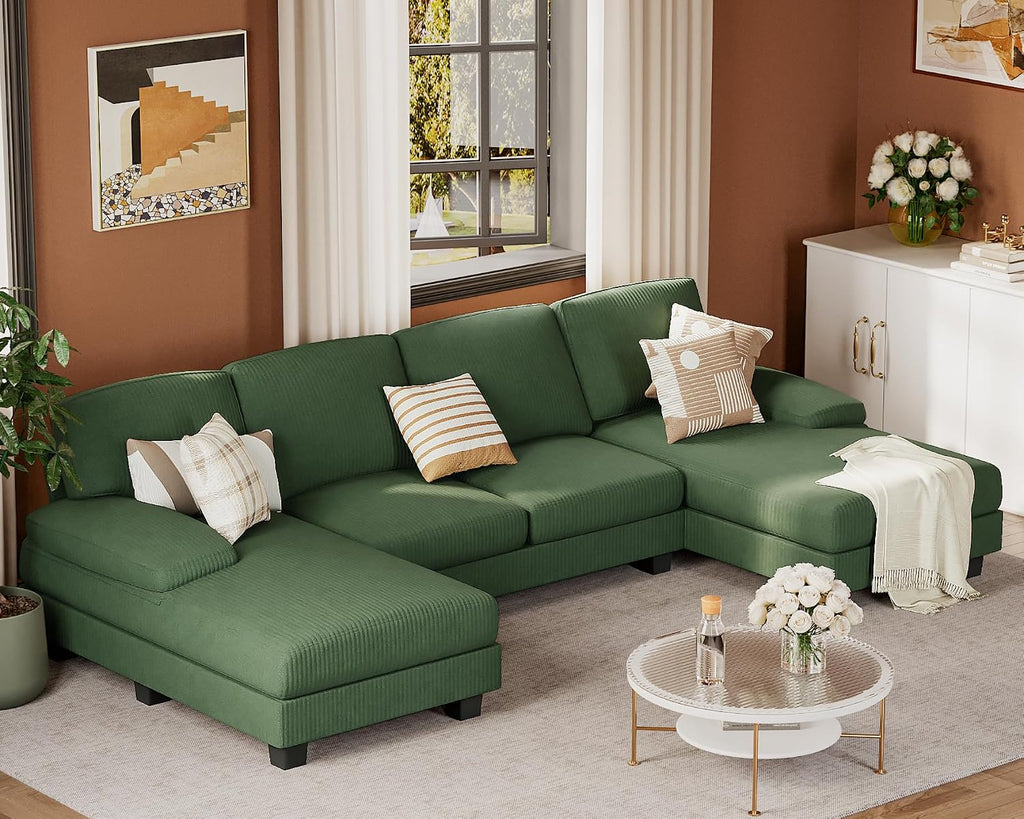 JUMMICO Sectional Couches for Living Room, U Shaped Couch with Chenille Fabric, 4 Seat Modern Sofa with Removable Pillows for Apartment and Small Space (Corduroy, Light Green)