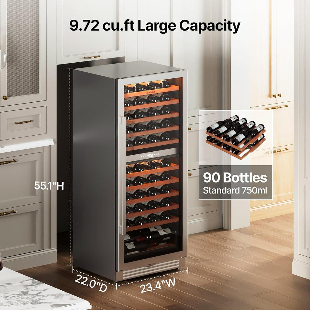Ca'Lefort 90 Bottle Wine Fridge - 24 Inch Dual Zone Wine Cooler 40-65°F with Bottom Drawer, 10 Adjustable Shelves & 3 LED Lights, Energy Star Certified Built-in or Freestanding for Home/Bar/Kitchen
