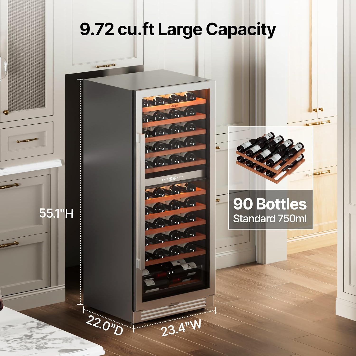 Ca'Lefort 90 Bottle Wine Fridge - 24 Inch Dual Zone Wine Cooler 40-65°F with Bottom Drawer, 10 Adjustable Shelves & 3 LED Lights, Energy Star Certified Built-in or Freestanding for Home/Bar/Kitchen