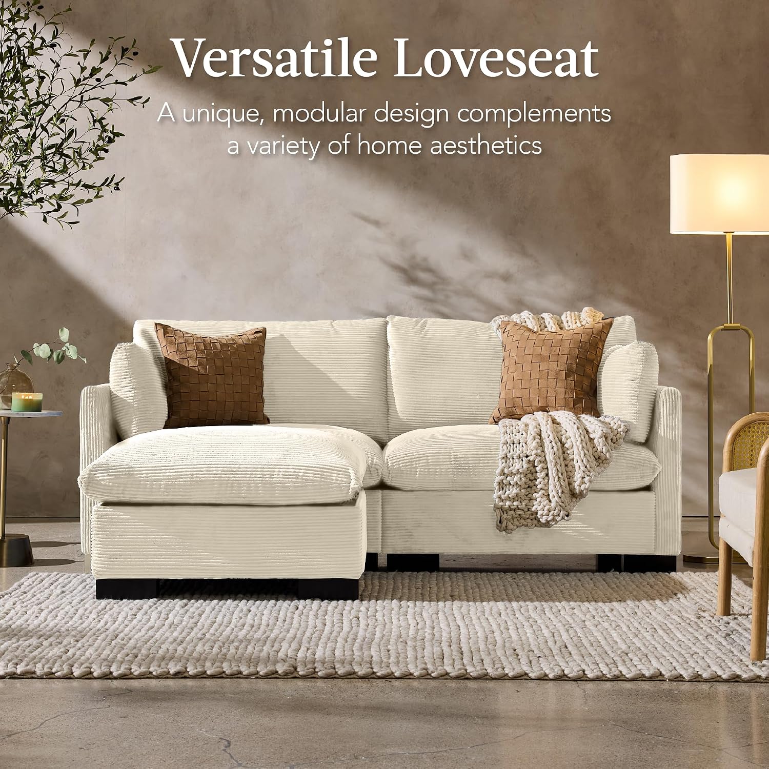 Best Choice Products Modern Loveseat Sofa for Living Room, Corduroy Recliner, Removable Cover, Spring Cushions, Solid Wood Frame, Easy Assembly for Small Spaces, 82in – Ivory
