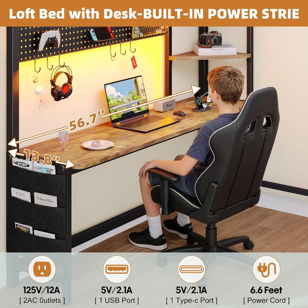 Dnxao Full Size Loft Bed with Desk, Heavy Duty Metal Bed Frame for Teens Adults, 6 Storage Drawers, Power Outlet with Type-C, LED Lights, Integrated Study Workstation for Small Room, Rustic Brown