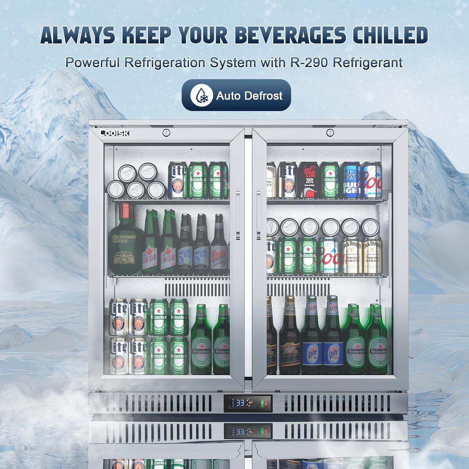 Coolski 36 Inch Back Bar Cooler, Under Counter Beverage Refrigerator with Glass Doors, Commercial Counter Height Display Fridge for Beer Soda, 7.4 Cu.Ft. Capacity/LED Lighting/ETL NSF Approved