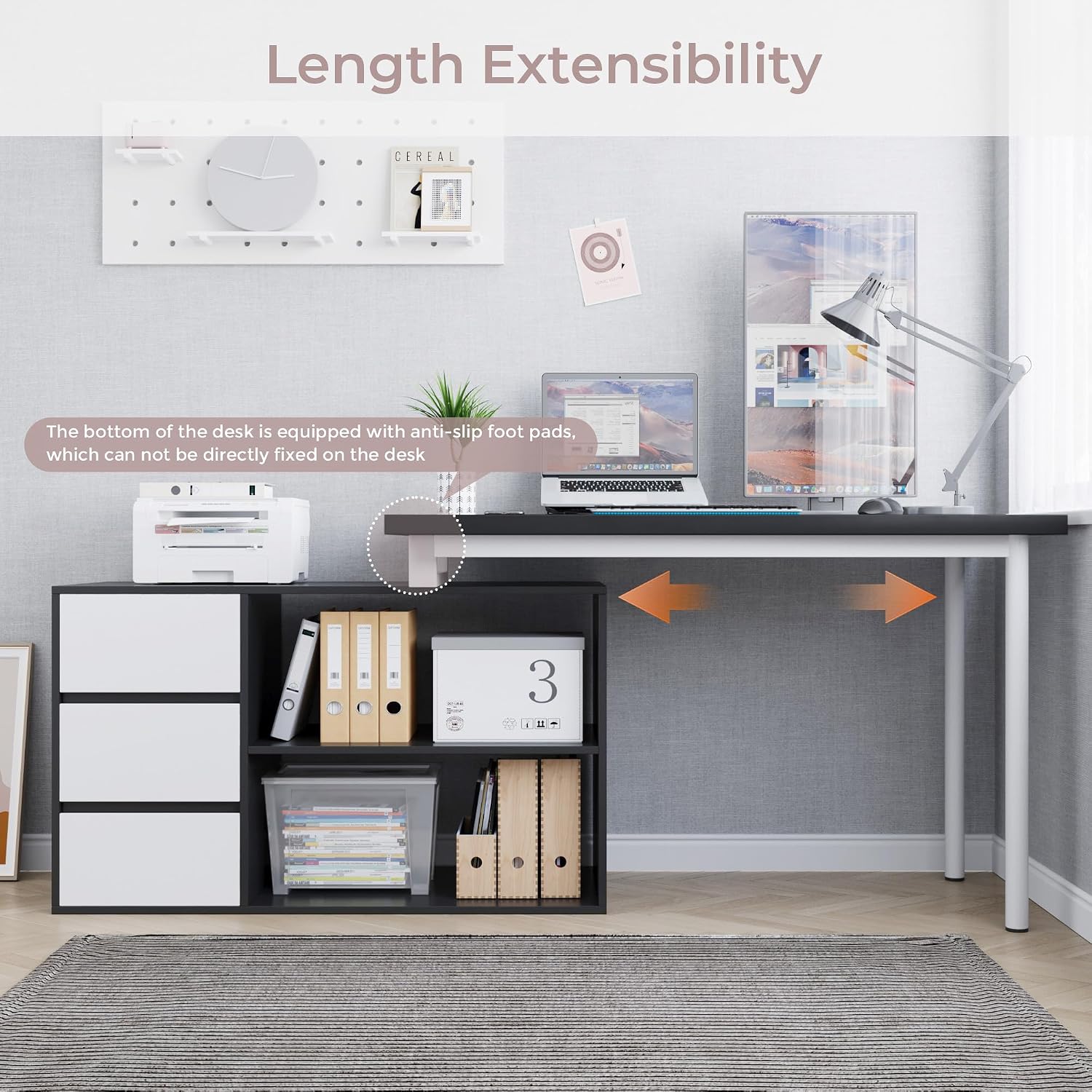 Home Office Computer Desk Corner Desk with 3 White Drawers and 2 Shelves, 53-inch L-Shaped Study Desk with Storage, Black + White