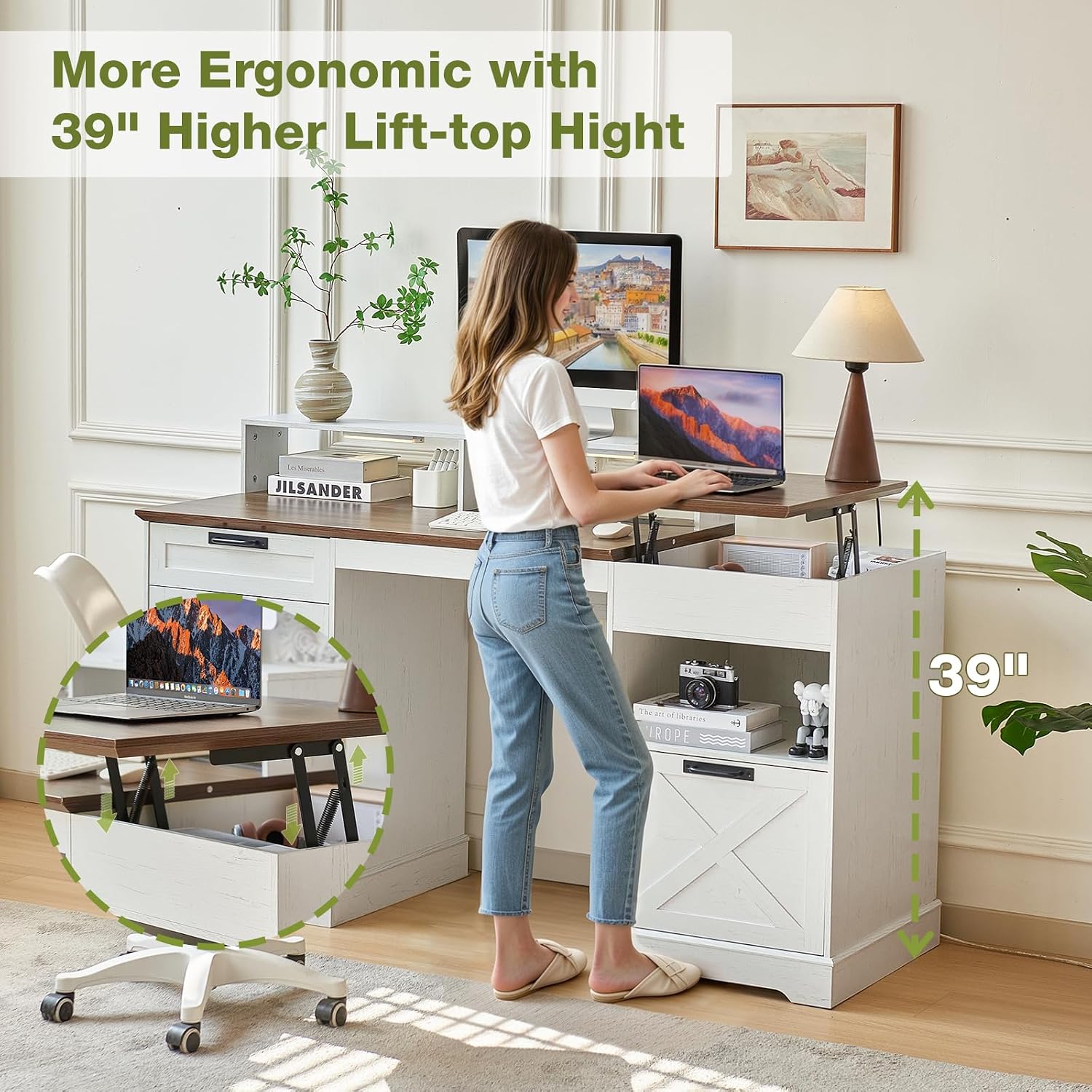 Executive Desk with File Storage Drawer, 63' Lift Top Farmhouse Home Office Gaming Desk with Charging Station, 3 Drawers Sensor Lights Wood Computer Table with Monitor Stand, Antique White