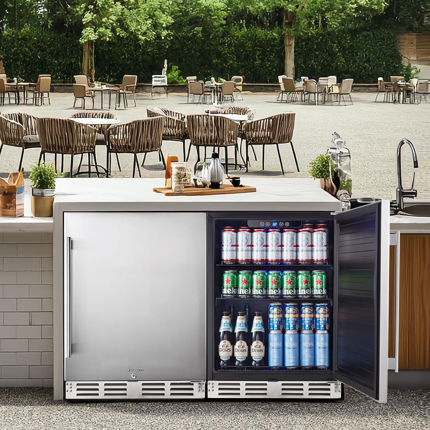 Kalamera Beverage Refrigerator 24 Inch, Under Counter 150 Cans Mini Drinks Fridge with Stainless Steel Door, Beverage Cooler Built-in and Freestanding, 32-40℉ Temperature Range
