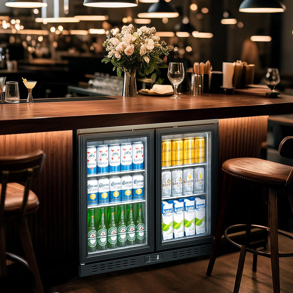 Back Bar Cooler with 2 Glass Doors Commercial Under Counter Beverage Refrigerator 7.4 Cu.ft. ETL Black Drink Fridges for Bar,Office,Convenience Stores