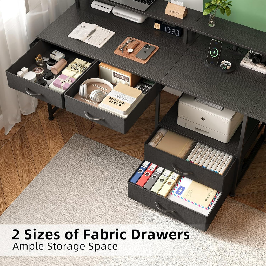 L Shaped Desk with 4 Fabric Drawers, 78.7' Home Office Desk with Printer Storage Shelf & Power Outlet, Two Person Desk with Monitor Shelf, Corner Computer Desk, Gaming Desk with Led Lights, Black