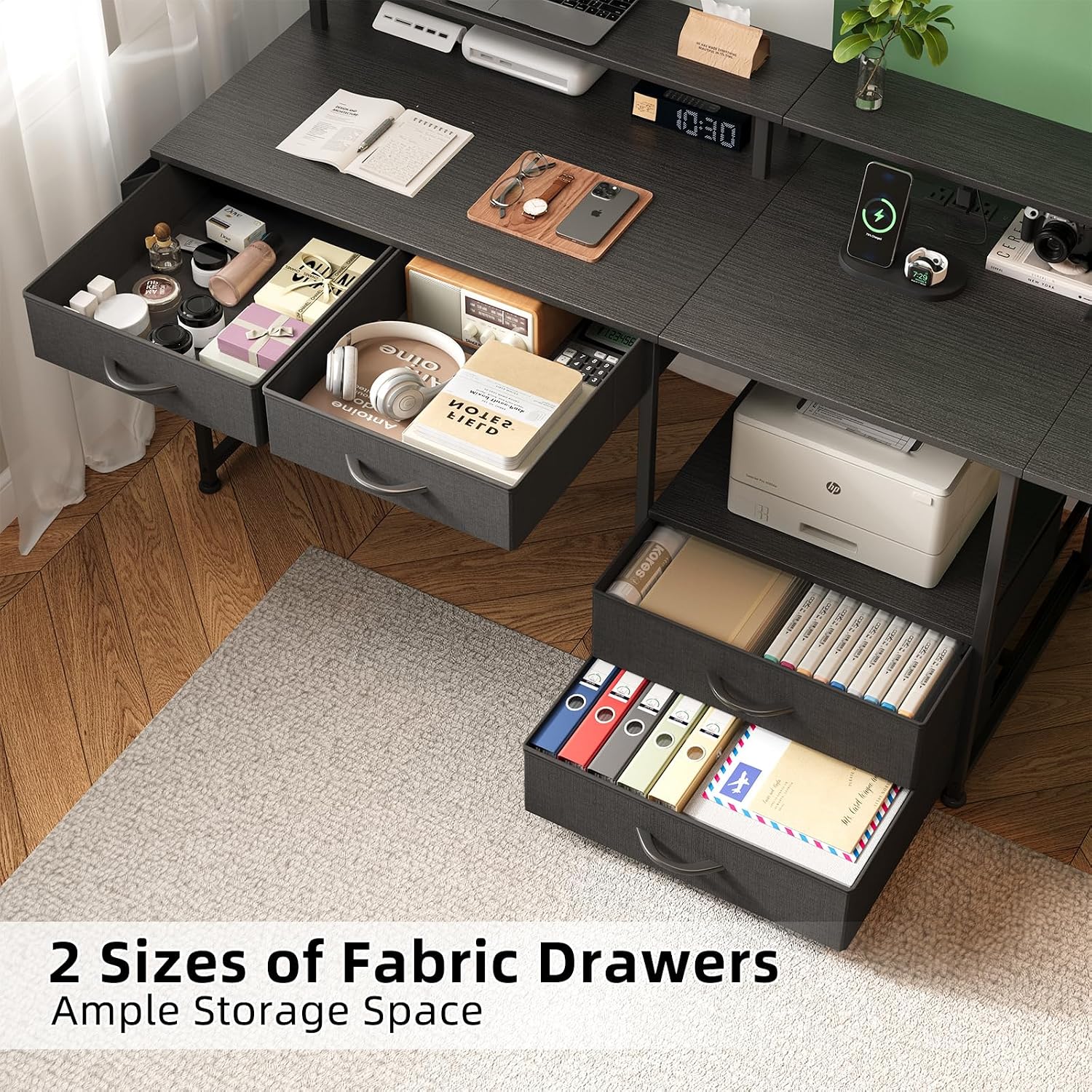 L Shaped Desk with 4 Fabric Drawers, 78.7' Home Office Desk with Printer Storage Shelf & Power Outlet, Two Person Desk with Monitor Shelf, Corner Computer Desk, Gaming Desk with Led Lights, Black