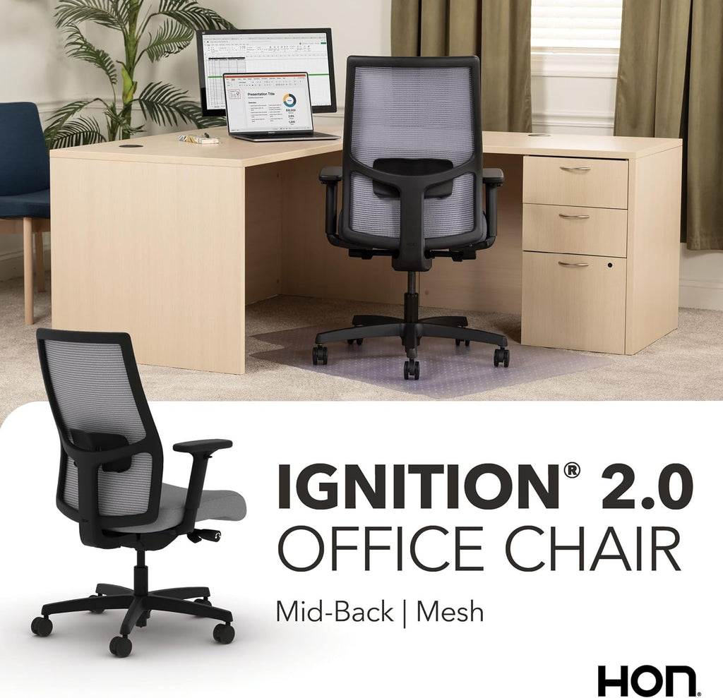 HON Ignition 2.0 Mid‑Back Ergonomic Office Chair, Mesh Task Seating with Lumbar Support, Advanced Synchro‑Tilt, Height and Width Adjustable Arms, Black Frame, Frost