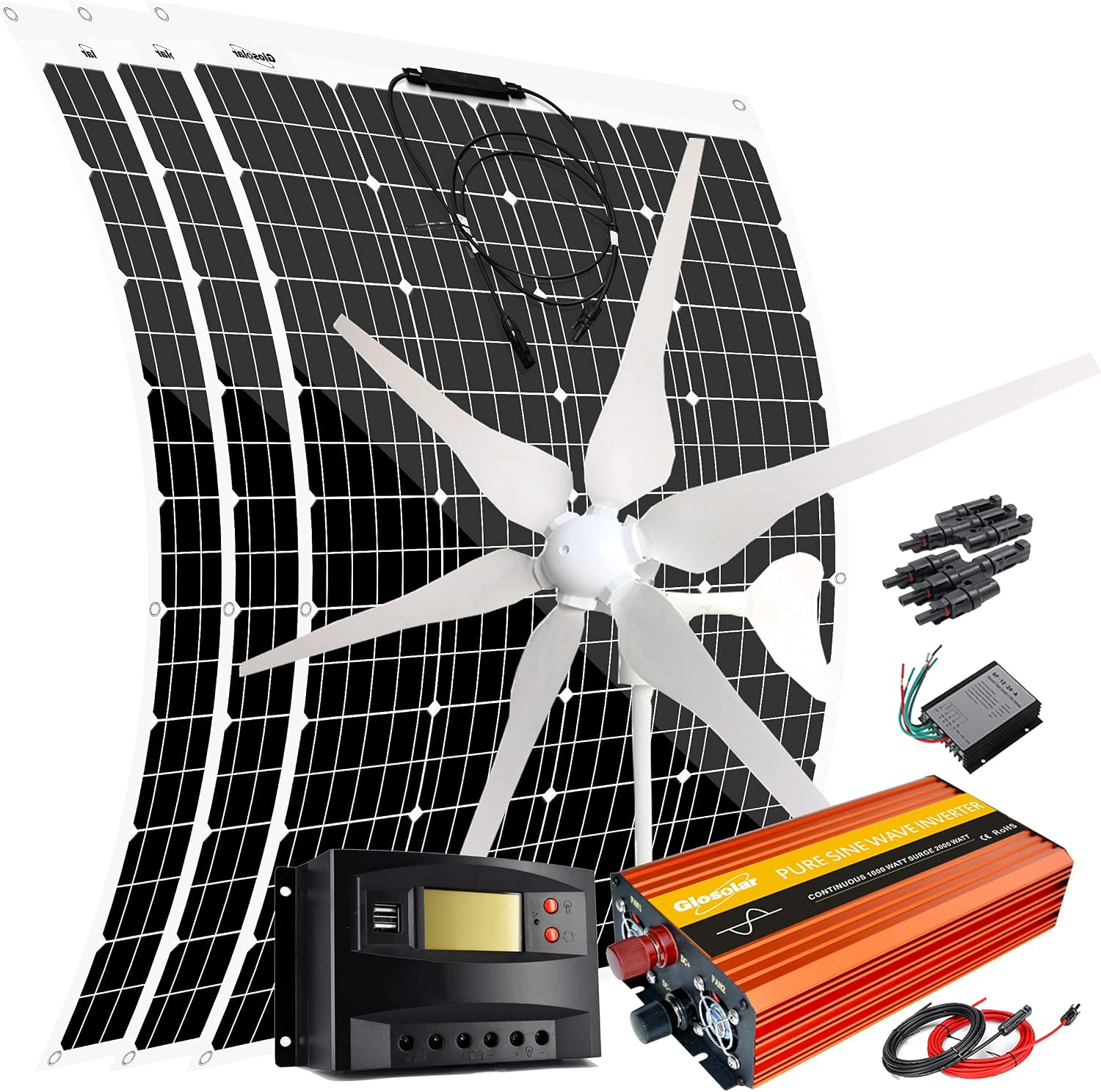 760W Wind Solar Power Complete Kit with 1000W Inverter: 400W Wind Turbine Generator + 3pcs 120W Flexible Solar Panels + Controller + Cable & Connector, 12V Battery Charging