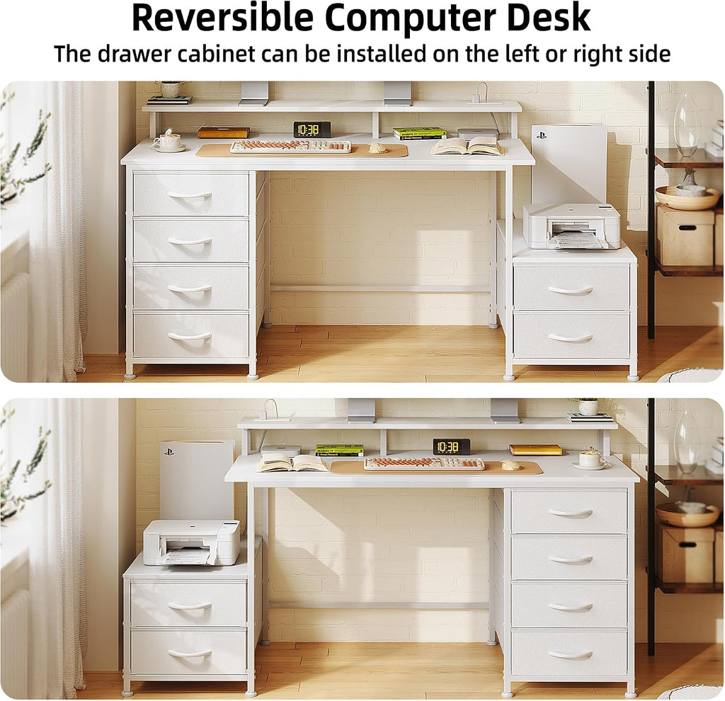 52 Inch Office Desk with 6 Drawers and Printer Space for Storage, Reversible Computer Desk with Monitor Stand & Power Outlets, Home Office Desks, White