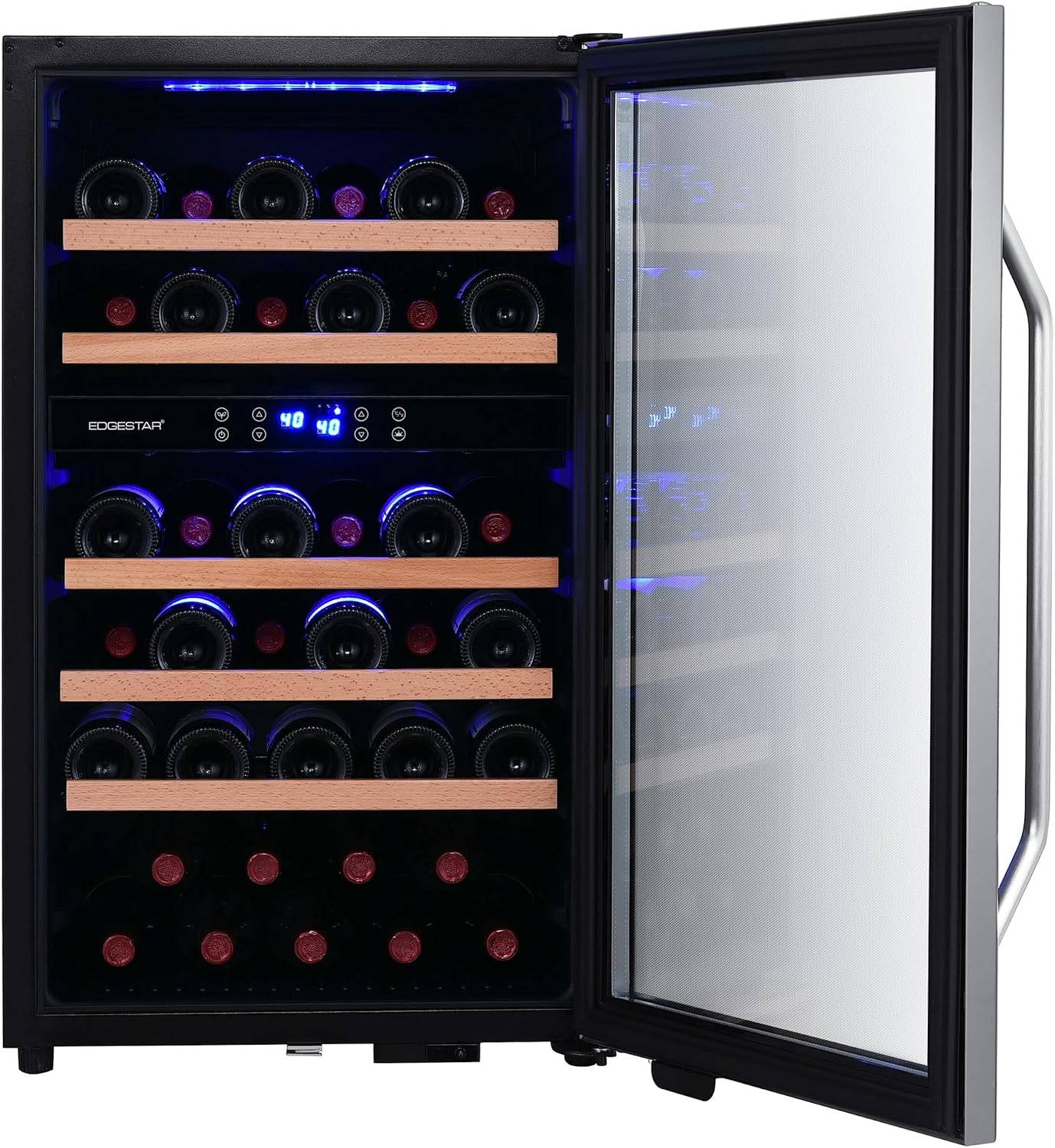 EdgeStar CWF380DZ 20 Inch Wide 38 Bottle Capacity Free Standing Wine Cooler with Dual Zones, LED Lighting and Reversible Door - Stainless Steel