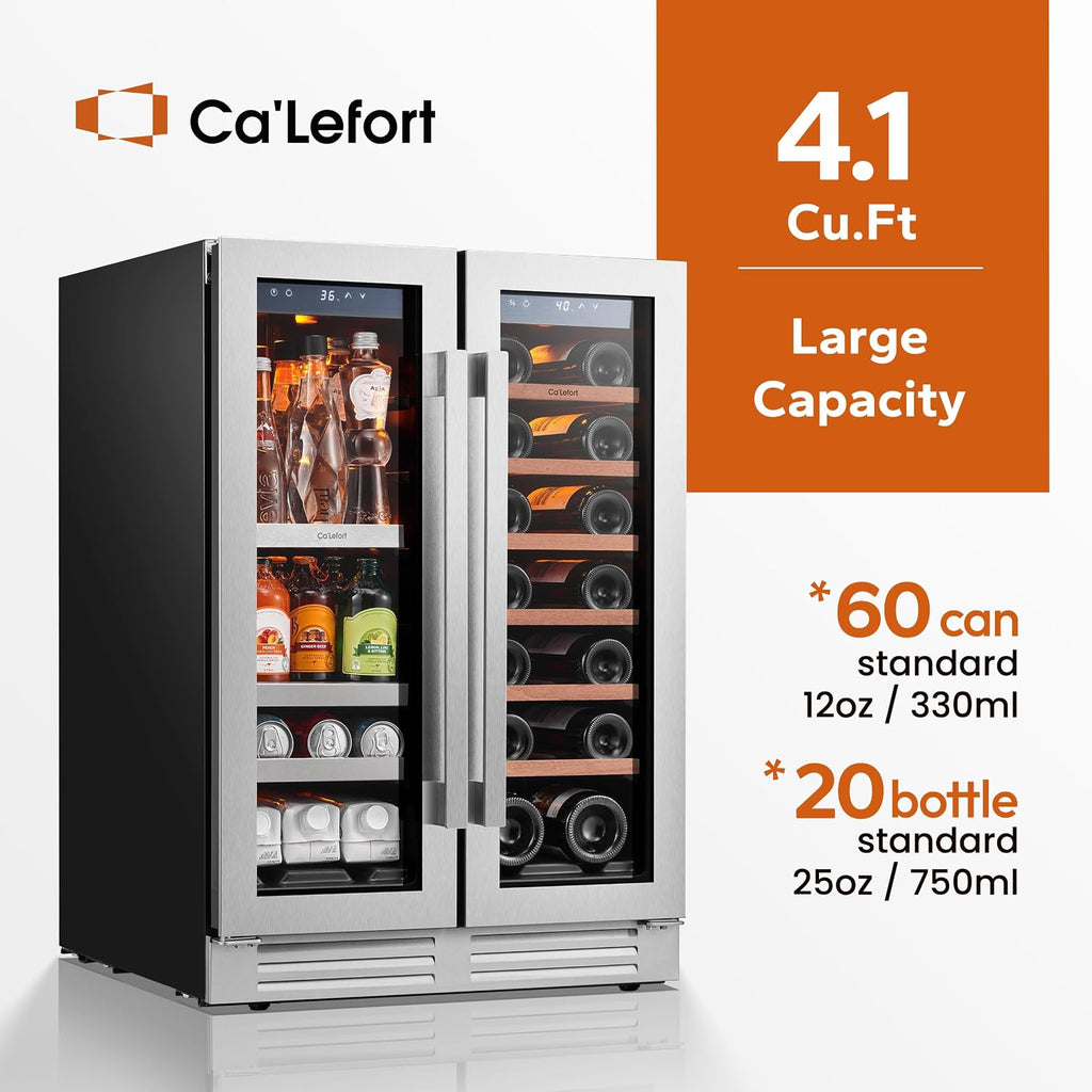Ca'Lefort 24in Wine Fridge & Beverage Refrigerator with 3 Color LED Lights, Independent Dual Temp Zone Mini Fridge, Built-in/Freestanding Cooler for Wine/Beer Lovers, for Home, Kitchen, Office, Bar