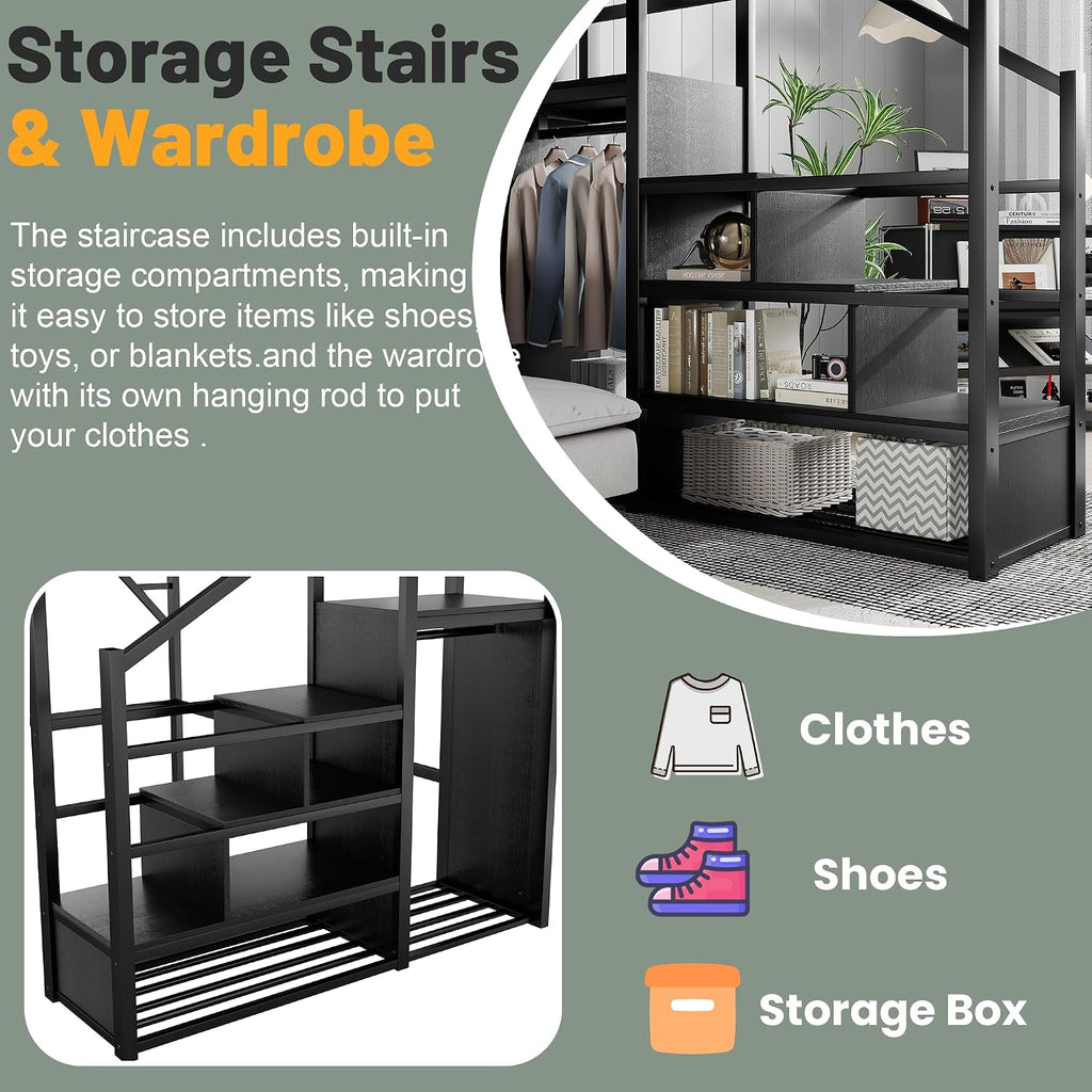Queen Size Loft Bed Frame for Adults,Metal Queen Lofts Bed with Stairs & Storage Shelf, Heavy Duty High LoftBed with Wardrobe for Teens,Girls Boys, Black +Black Stair