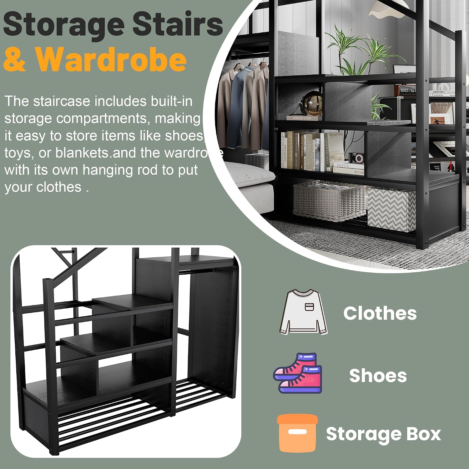 Queen Size Loft Bed Frame for Adults,Metal Queen Lofts Bed with Stairs & Storage Shelf, Heavy Duty High LoftBed with Wardrobe for Teens,Girls Boys, Black +Black Stair