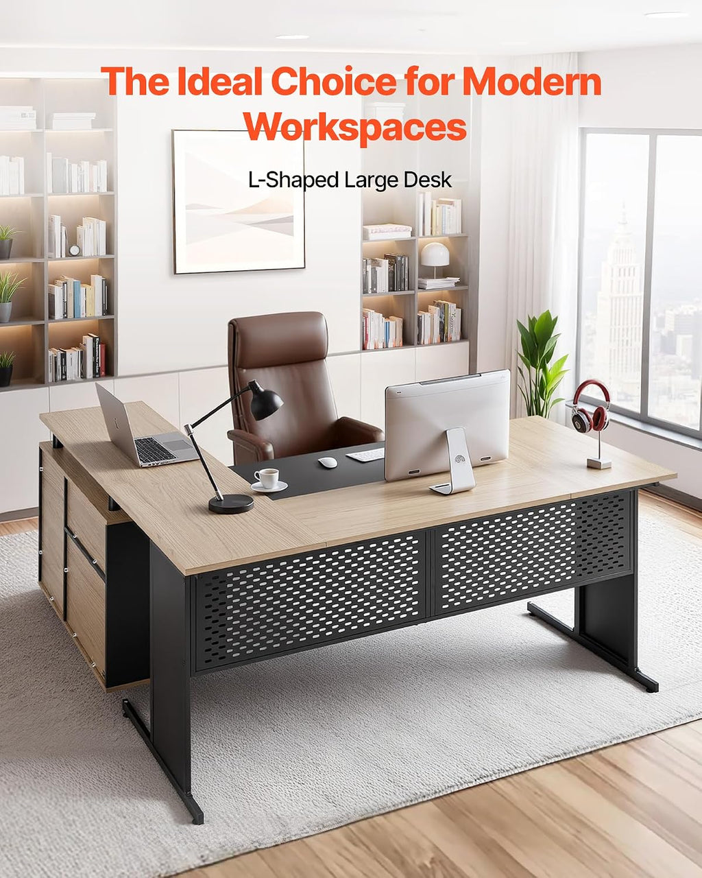 VEVOR 63' L-Shaped Executive Desk, Large Office Desk with Drawers, File Storage Cabinet, Detachable 350 LBS Load Capacity Corner Table, Easy Assembly, Business Furniture Workstation for Home Office