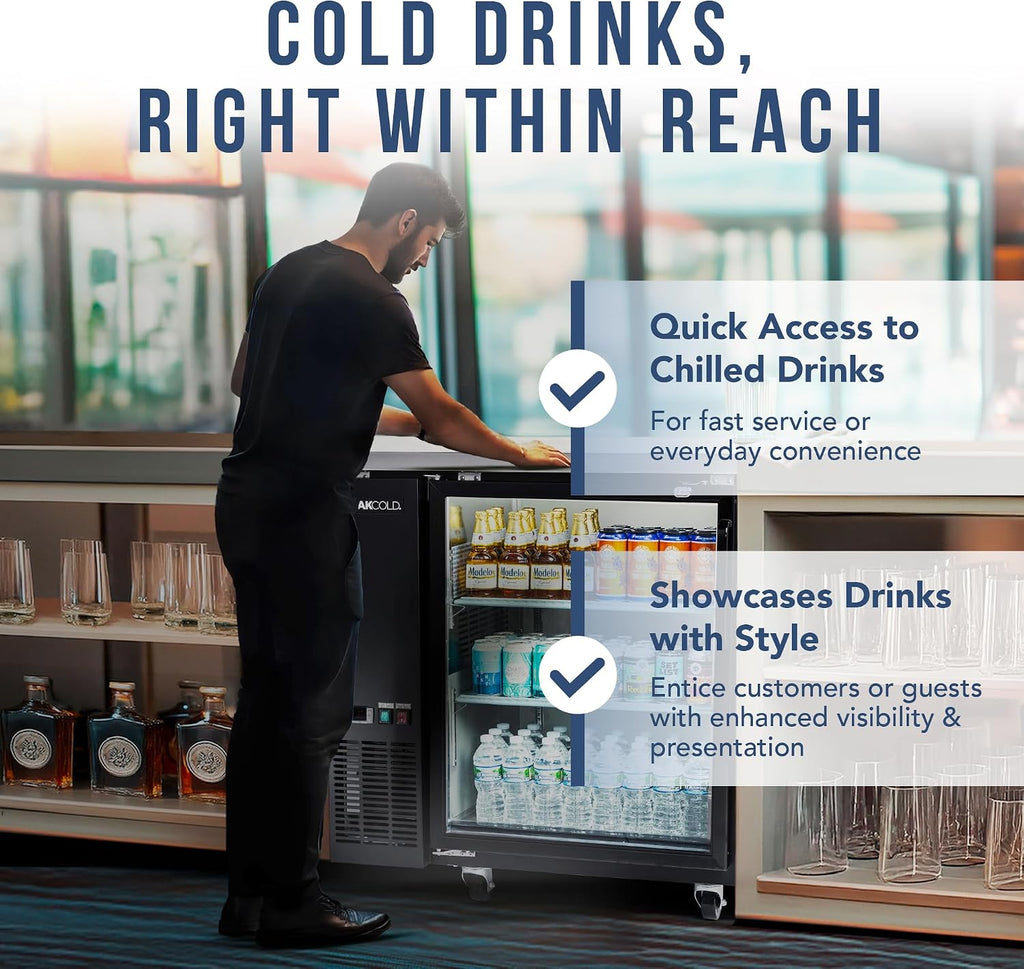 PEAKCOLD 1-Door Counter Height Beverage Refrigerator - 36' Wide Energy Efficient Black Beer Fridge With Glass Door & White LED Lighting - Commercial Back Bar Cooler