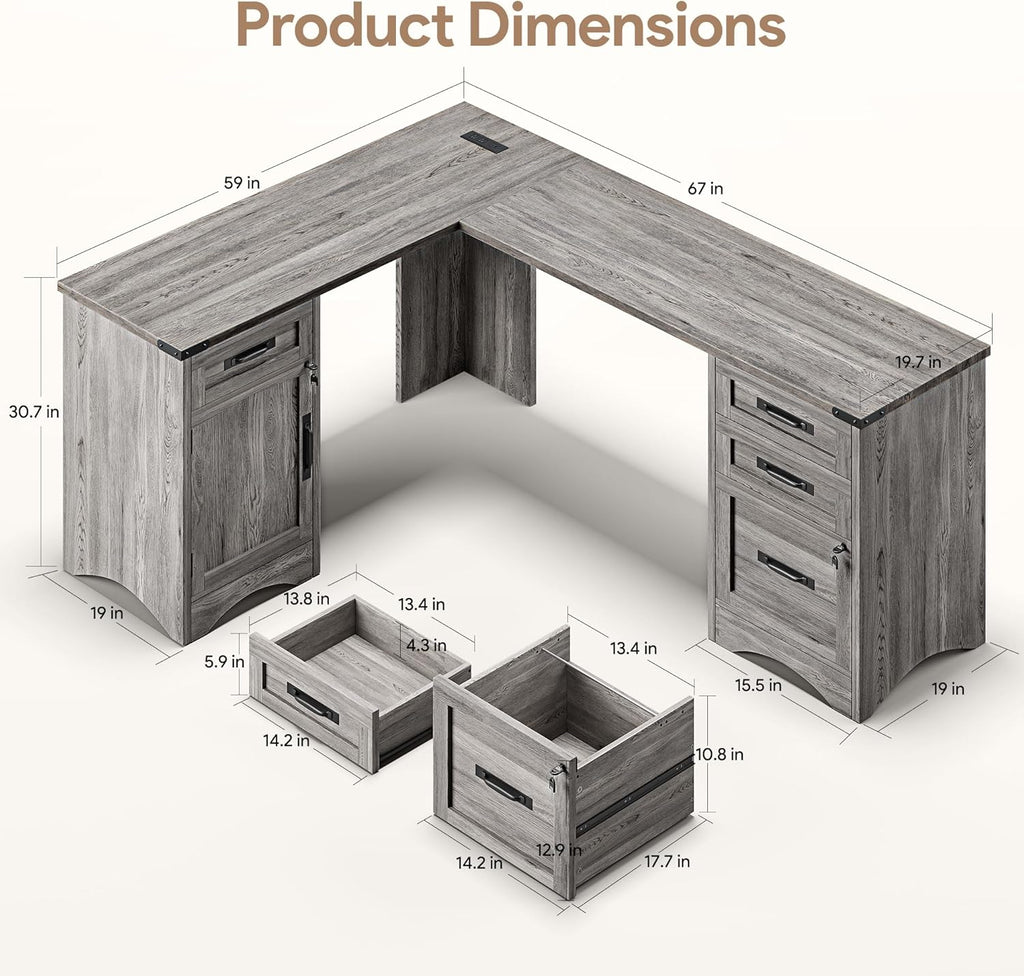 Decofy L Shaped Farmhouse Executive Desk with Drawers, 67' Home Office Desks with Fast Charging Station, Lockable File Cabinet, Wood Writing Computer Desk for Work, Study, Grey