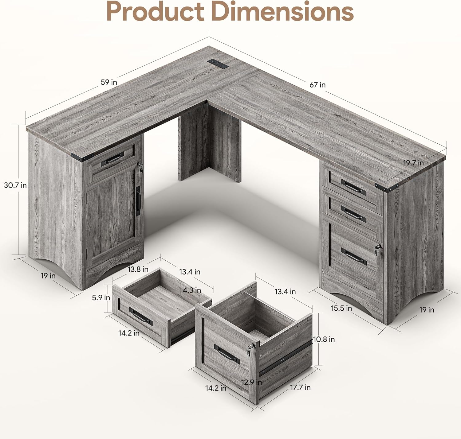 Decofy L Shaped Farmhouse Executive Desk with Drawers, 67' Home Office Desks with Fast Charging Station, Lockable File Cabinet, Wood Writing Computer Desk for Work, Study, Grey