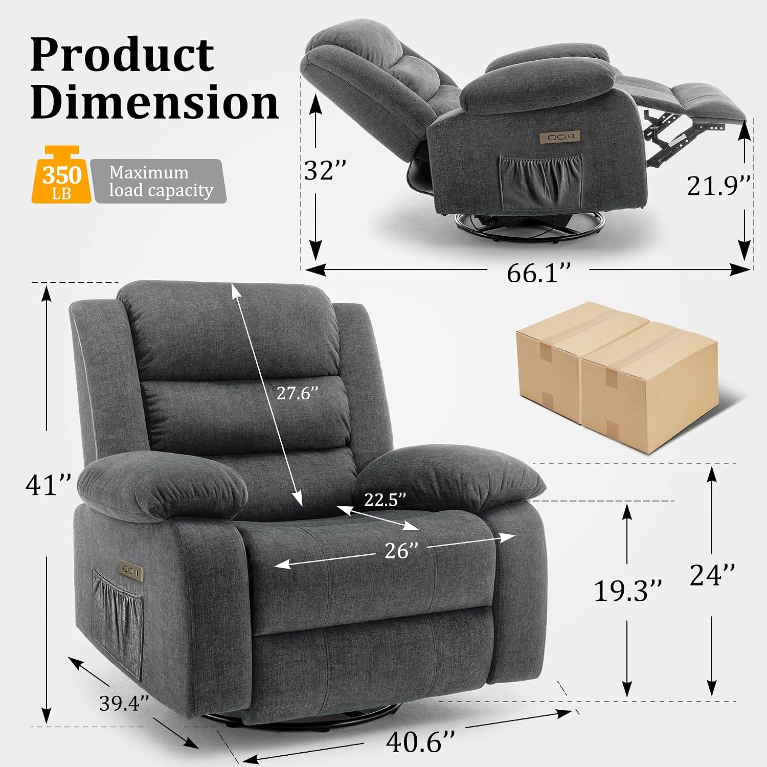 Korser Power Recliner Chair, Electric Rocker Recliner with Massage and Heat, 270° Swivel Glider, Oversized Wide Seat with USB Port, Cashmere Nursery Chair for Living Room, Grey